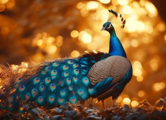 A full fan of iridescent feathers shimmering under golden sunlight in a lush garden.