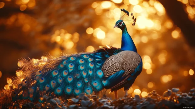 A full fan of iridescent feathers shimmering under golden sunlight in a lush garden.