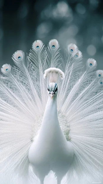 A full frame portrait of a white peacock facing forward in morning fog.