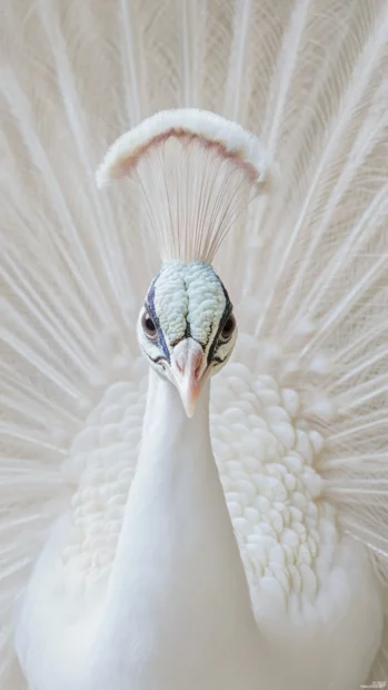 A full frame portrait of a white peacock facing forward in morning fog.