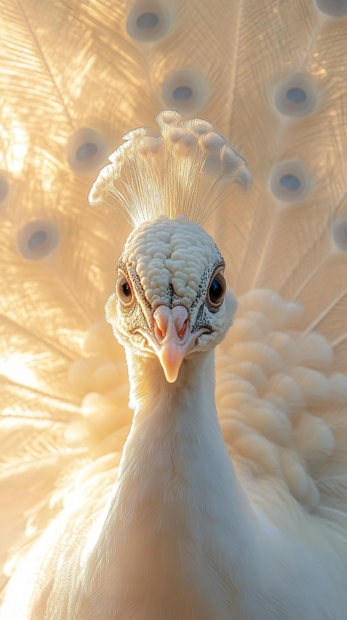 A full frame portrait of a white peacock facing forward in morning fog, perfect for a peacock iPhone wallpaper (3).