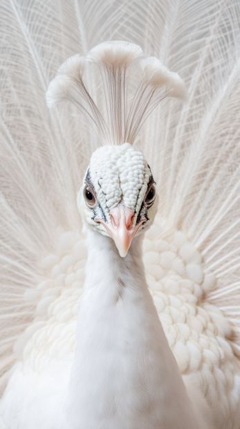 A full frame portrait of a white peacock facing forward in morning fog, perfect for a peacock iPhone wallpaper.