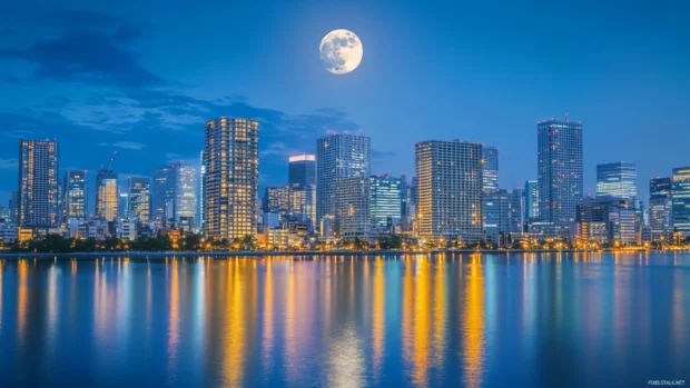 A full moon rises above the Tokyo Cityscape skyline.
