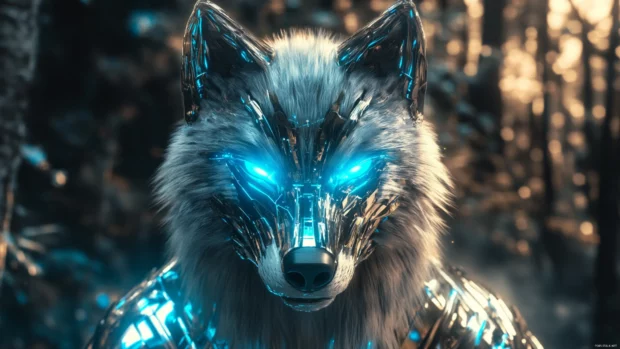 A futuristic 3D wolf wallpaper with glowing blue eyes and metallic fur in a cyber forest.