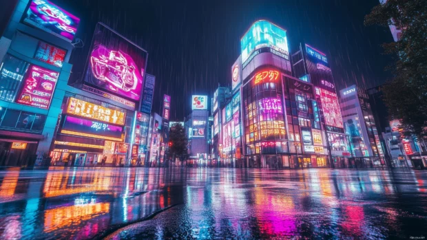 A futuristic Cyberpunk city scene featuring sleek high tech buildings, glowing advertisements, and a reflective wet street surface.