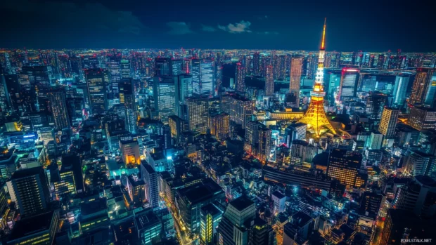 A futuristic Tokyo city with advanced skyscrapers, glowing neon lights, and a high tech urban vibe.