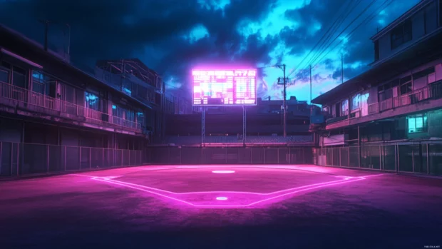 A futuristic baseball field with neon lit bases and a digital scoreboard glowing in the night sky .