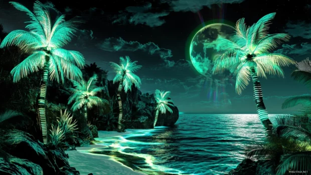 A futuristic beach with neon palm trees and holographic billboards in a digital artwork.