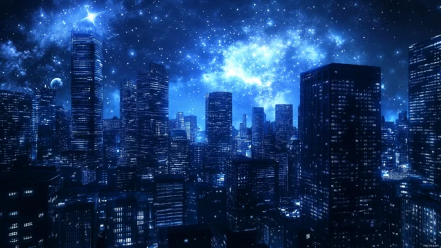A futuristic city featuring transparent domes, towering skyscrapers, and a starry night sky.