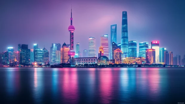 A futuristic city skyline at night, with neon lights reflecting on glass buildings.