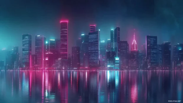 A futuristic city skyline at night, with neon lights reflecting on glass buildings.