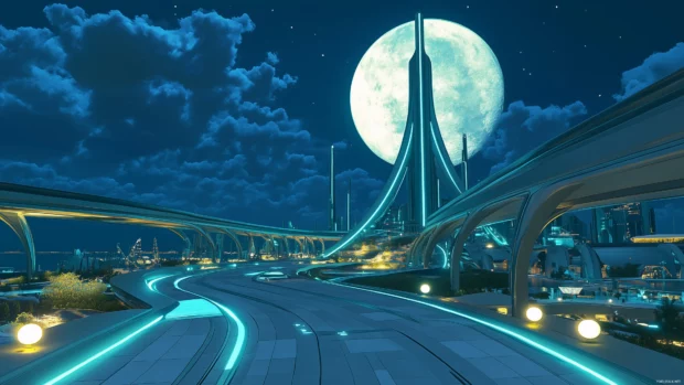 A futuristic city with advanced infrastructure, glowing pedestrian pathways, and a prominent central tower, illuminated by a soft moonlight.