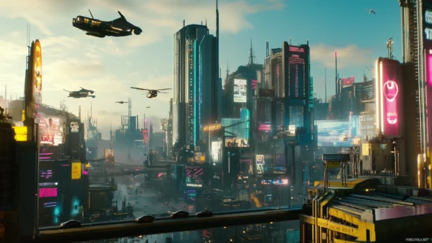 A futuristic city with glowing neon lights, flying cars, and towering skyscrapers under a dusk sky.