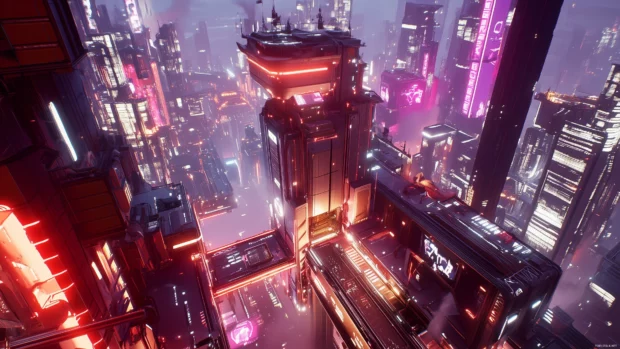 A futuristic city with glowing paths, a central tower, and advanced infrastructure, softly lit by moonlight.