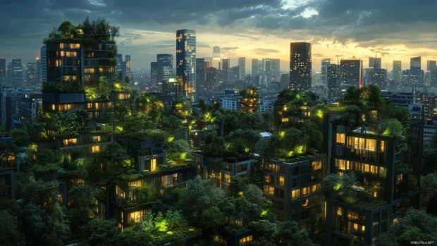 A futuristic city with green buildings, floating gardens, and advanced public transport under twilight.