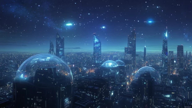 A futuristic city with transparent domes and high tech skyscrapers under a starry night sky.