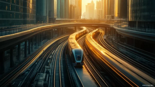 A futuristic cityscape with sleek, tall buildings and advanced transportation systems.