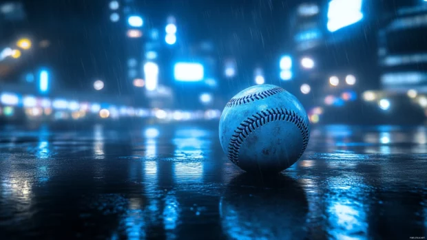 A futuristic cyberpunk inspired baseball scene, where the ball glows with neon energy against a dark cityscape, high tech stadium lights.