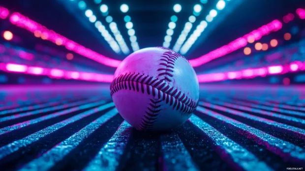 A futuristic cyberpunk inspired baseball scene, where the ball glows with neon energy against a dark cityscape, high tech stadium lights.