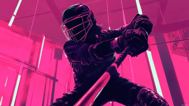 A futuristic digital painting of a baseball game in a cyberpunk city, glowing neon lights reflecting off metallic baseball gear.