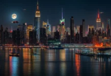 A futuristic interpretation of the New York skyline, with glowing neon skyscrapers and flying vehicles in the background.