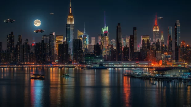 A futuristic interpretation of the New York skyline, with glowing neon skyscrapers and flying vehicles in the background.
