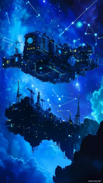 A futuristic night sky with neon constellations and a glowing space station orbiting in the background.