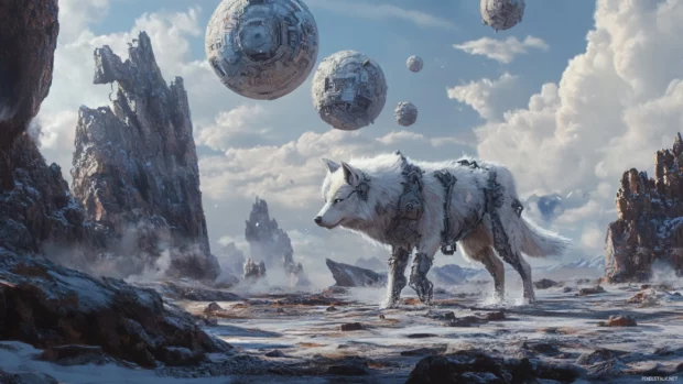 A futuristic realm with floating runes and a mechanical wolf made of ancient magic.