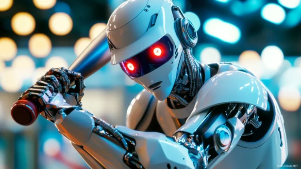 A futuristic robotic baseball player, glowing LED eyes and a cybernetic arm gripping a metallic bat.