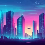 A futuristic skyline with towering glass buildings and hovering drones, under a gradient sky of blues and purples.