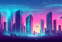 A futuristic skyline with towering glass buildings and hovering drones, under a gradient sky of blues and purples.