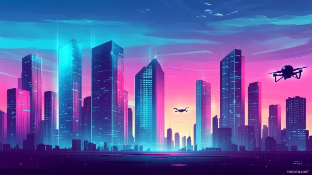 A futuristic skyline with towering glass buildings and hovering drones, under a gradient sky of blues and purples.