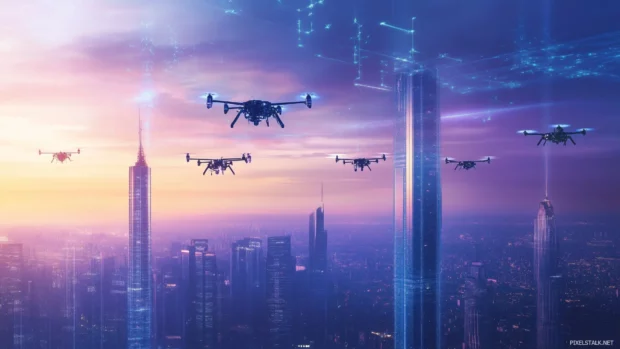 A futuristic skyline with towering glass buildings and hovering drones, under a gradient sky of blues and purples.