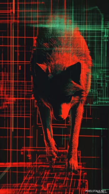 A futuristic wolf climbing a digital tower, surrounded by glitch and grid patterns.