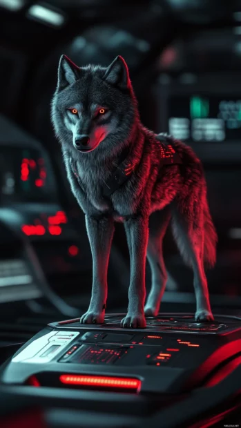 A futuristic wolf with LED fur patterns standing on a moving platform.