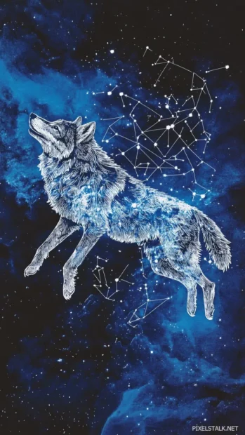 A galaxy inspired vertical artwork of a cosmic wolf flying across constellations.