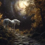 A galaxy opens above the unicorn on a calm stony path.
