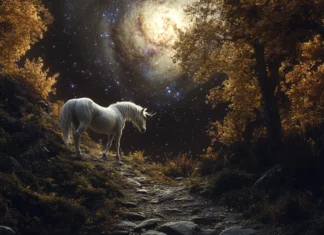 A galaxy opens above the unicorn on a calm stony path.