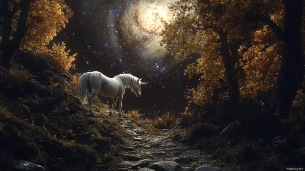 A galaxy opens above the unicorn on a calm stony path.