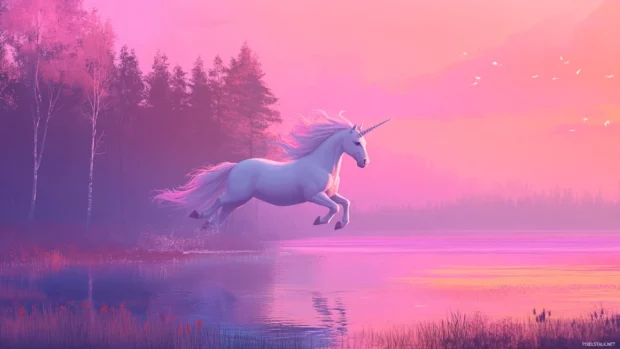 A gentle Unicorn flying over a pastel lake during twilight.