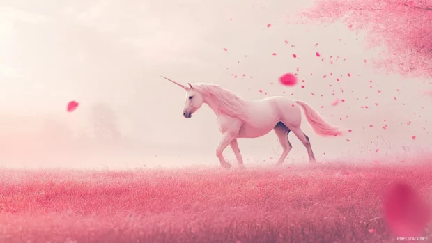 A gentle breeze carries flower petals around a unicorn walking in a pink field.