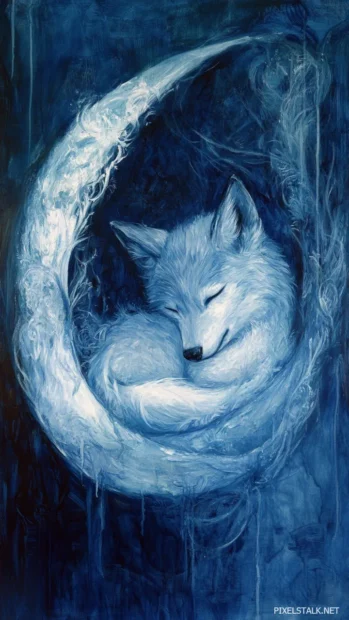 A gentle painting of a wolf pup curled up inside a moon shaped cradle.