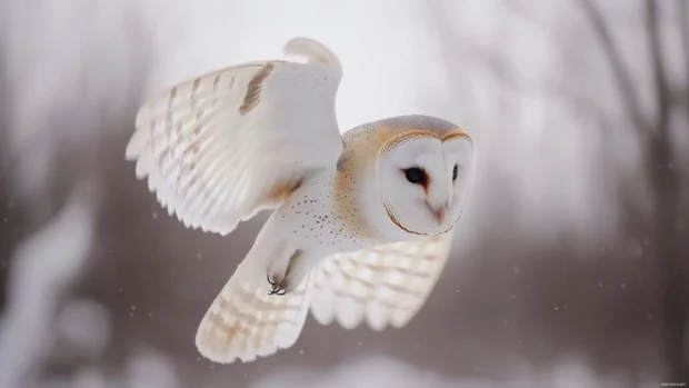 A gentle snowy backdrop with the Barn Owl turning mid air.