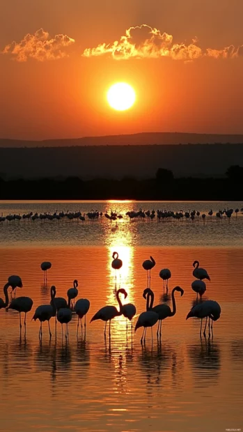 A gentle sunrise illuminating a flock of flamingos gathering at the edge of a tranquil bay.