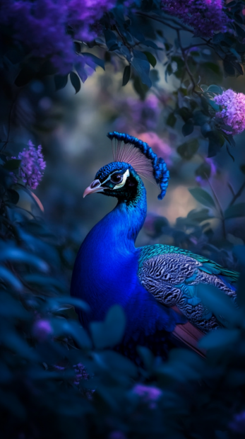 A gentle twilight image of a peacock resting under flowering trees, framed by soft focus leaves (3).