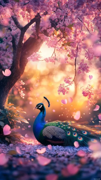 A gentle twilight image of a peacock resting under flowering trees, framed by soft focus leaves.