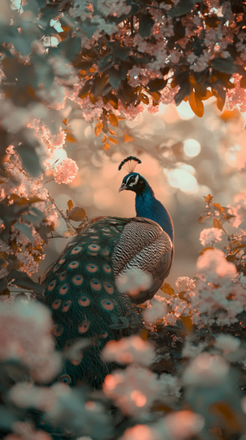 A gentle twilight image of a peacock resting under flowering trees, framed by soft focus leaves (4).