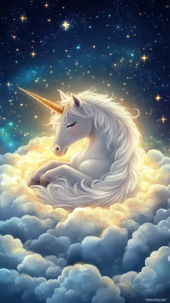 A gentle unicorn cuddled up in a glowing magical nest of clouds.