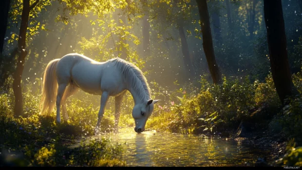 A gentle unicorn drinks from a luminous spring in the woods.