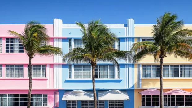 A geometric pattern inspired by Miami Beach waves, umbrellas, and Art Deco.
